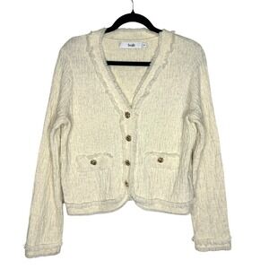 b+ab Cream Knit‎ Cardigan XS Gold Button Fringe Trim Boucle Textured Sweater